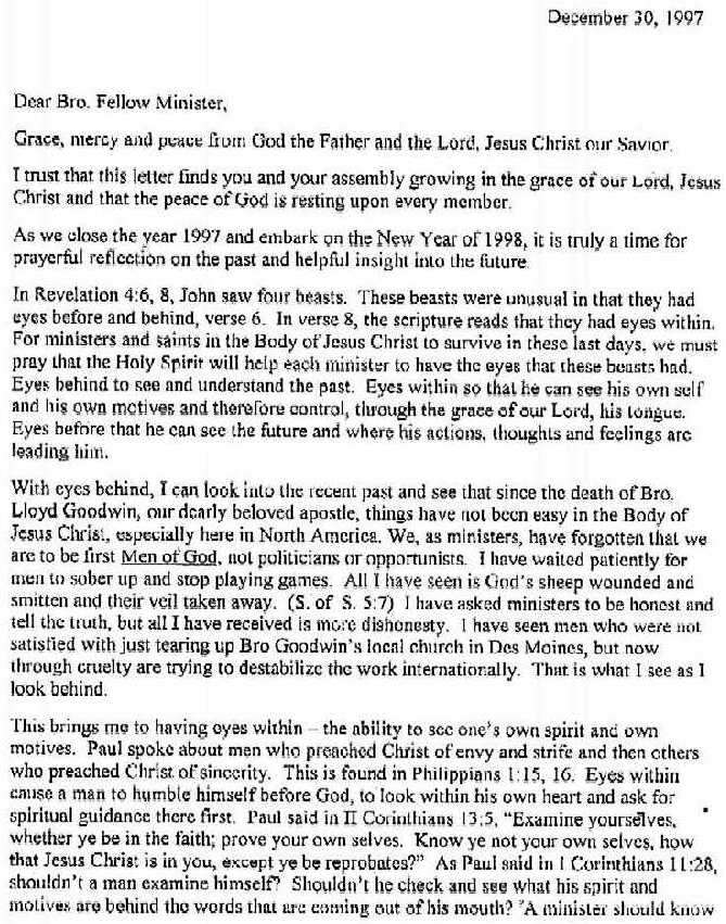 LETTER FROM LEE RAY TO MINISTERS